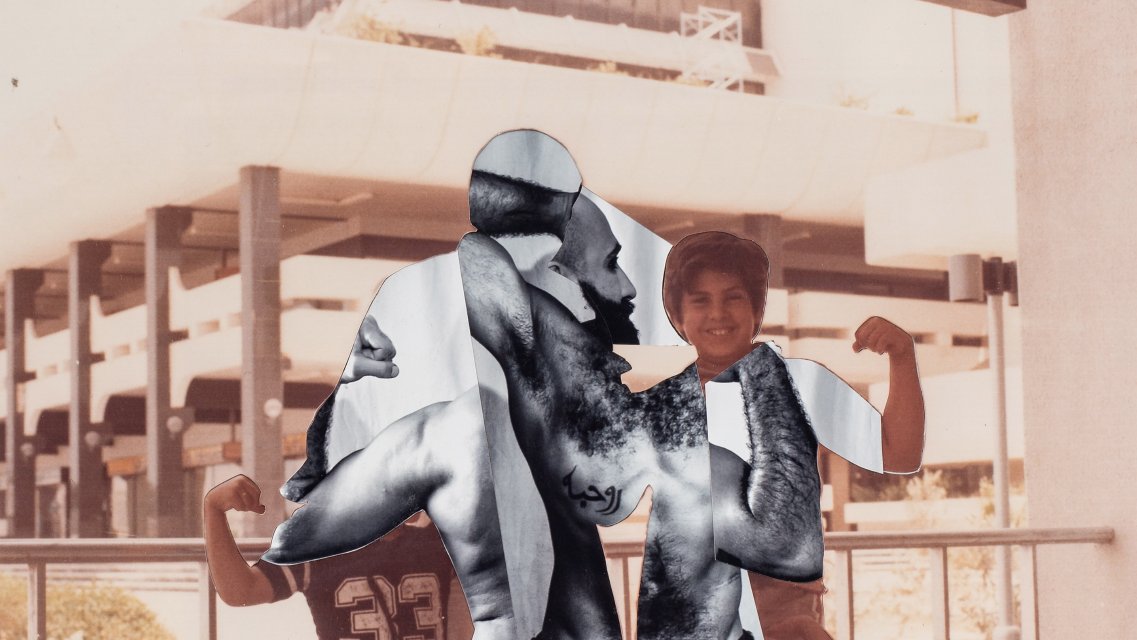 The image features a layered composition where a photograph of an adult man is superimposed over a scene with two children. The man is depicted flexing his muscles, highlighting a strong, defined physique. The background shows a modern building, hinting at an urban setting. The children, positioned behind the man, also appear to be posing, mimicking a strong stance. The overall tone of the image combines elements of strength and playfulness, merging different subjects to create a unique artistic representation.