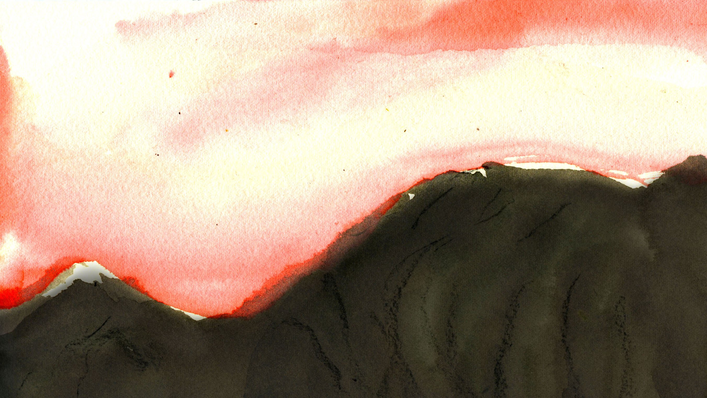 The image features a watercolor painting depicting a mountainous landscape. The foreground consists of dark, shadowy mountains, while the background showcases a vibrant, softly blended sky transitioning from peachy pink to white. The overall mood is serene and atmospheric, with flowing colors that create a sense of depth and tranquility.