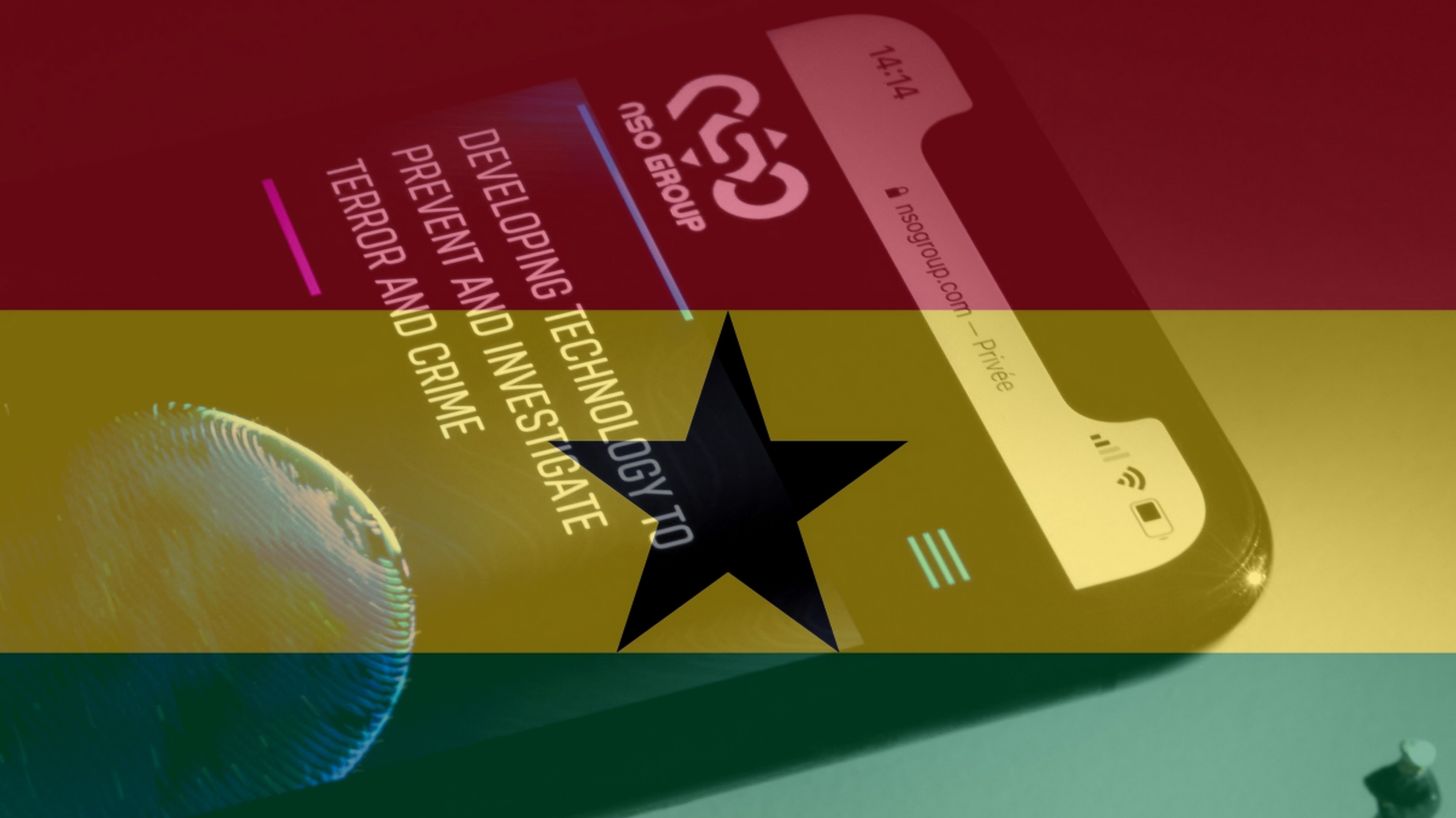 The image features a smartphone with a screen displaying text related to technology used for investigating terror and crime. The background colors are blended in a way that resembles the flag of Ghana, with a prominent black star in the center. A shadow of a person is visible in the foreground, creating a sense of depth and intrigue.