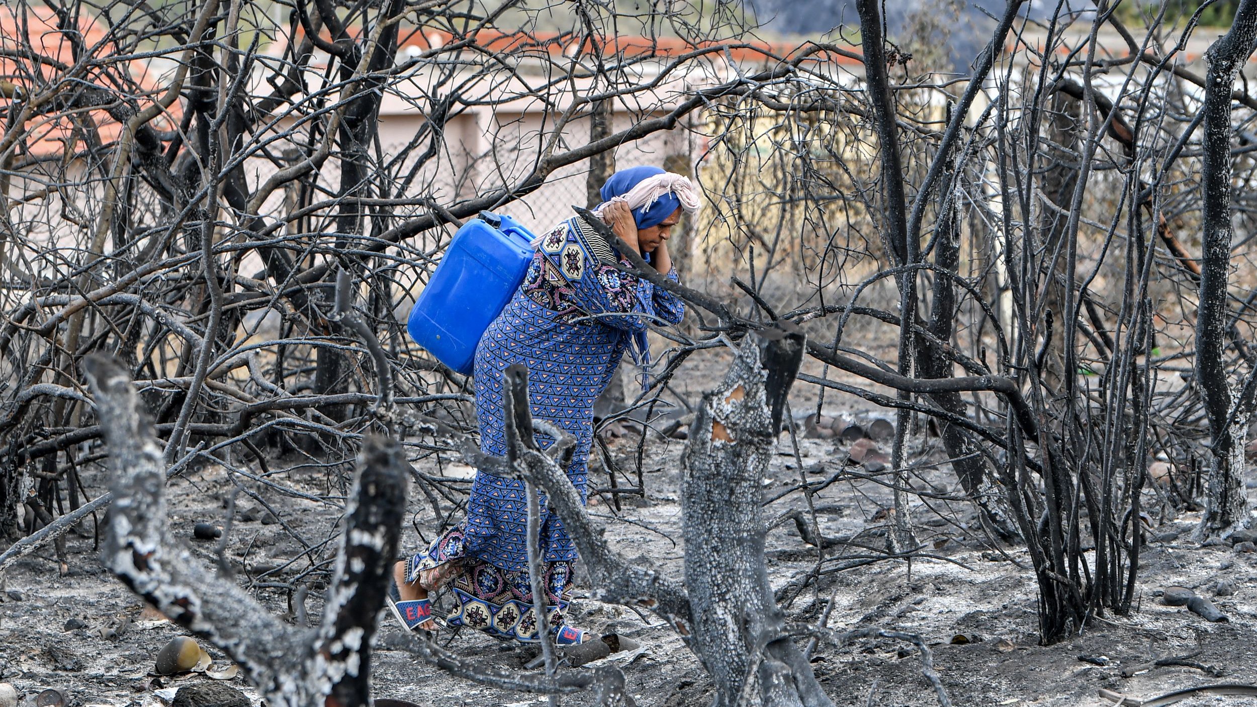 The image depicts a woman wearing a patterned dress and headscarf, walking through a landscape that has been ravaged by fire. The ground is charred and blackened, with the remnants of burned trees and vegetation surrounding her. She is carrying a blue container, possibly for water, as she navigates through the bleak, desolate environment. The backdrop includes hints of buildings, suggesting that this area has been impacted by a wildfire. The scene conveys a sense of loss and resilience amidst the devastation.