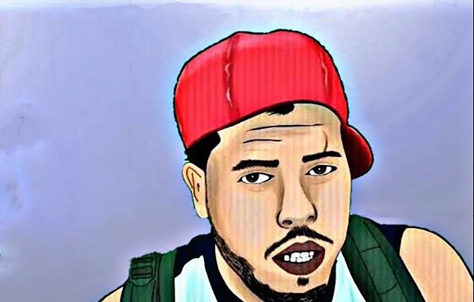 The image appears to be a stylized illustration of a young man wearing a red cap turned to the side. He has facial hair and a serious expression. His attire includes a sleeveless shirt, and he is wearing a backpack. The background is a soft gradient, adding depth to the portrait. The overall style gives it a graphic, artistic feel.