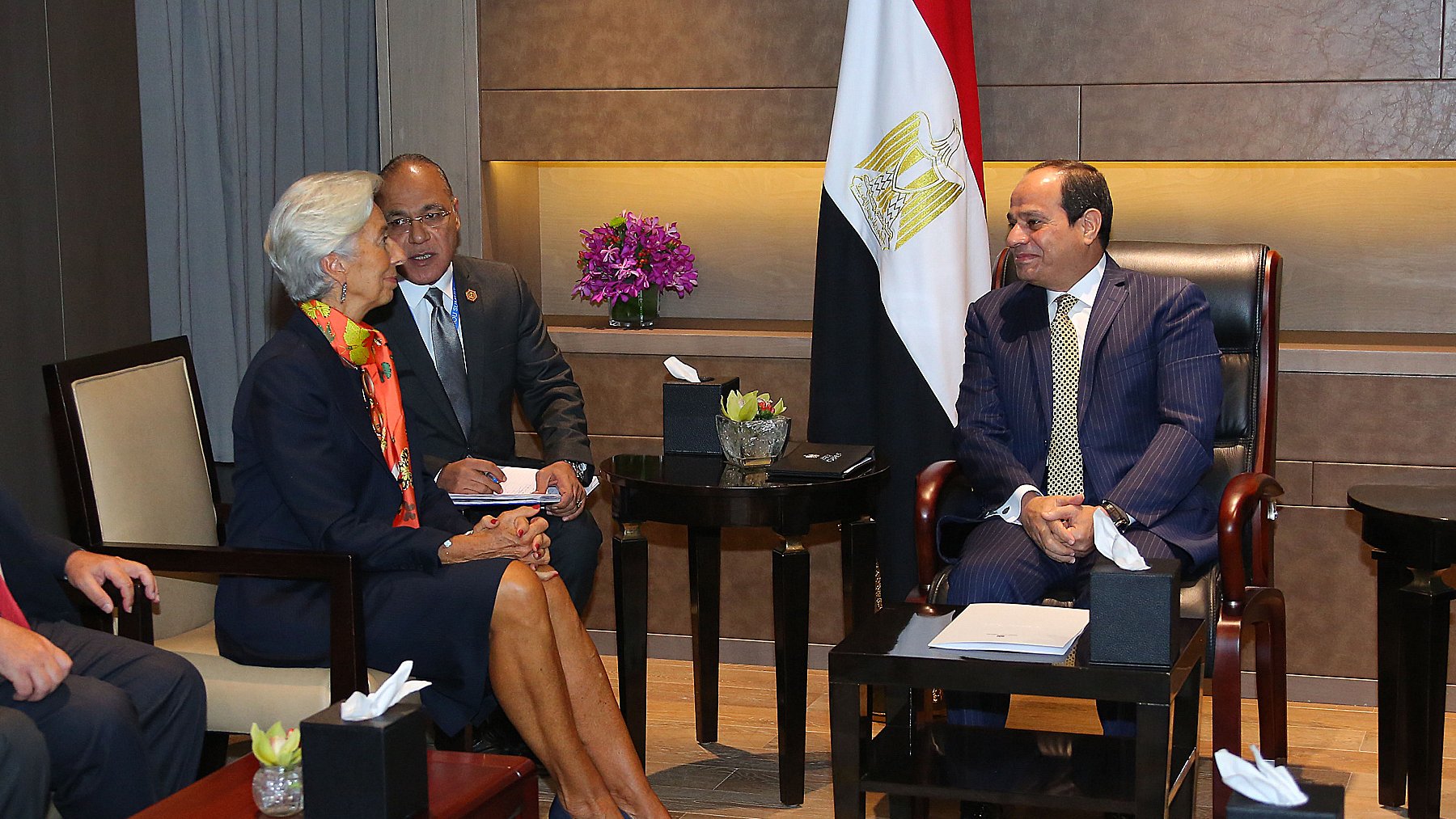 The image depicts a formal meeting taking place in a well-furnished room. There are three individuals present. One person is sitting on the left, wearing a bright outfit and engaged in conversation, while another person is seated directly across, in formal business attire and listening attentively. A third individual is seated between them, possibly mediating or contributing to the discussion. In the background, an Egyptian flag can be seen, along with decorative elements like flowers and plants, adding to the professional atmosphere of the meeting.