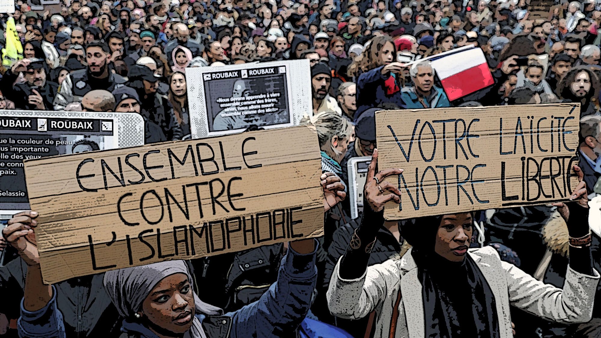 The image depicts a large crowd of protesters gathered for a demonstration. Many individuals are holding signs, two of which are prominently displayed. One sign reads "ENSEMBLE CONTRE L'ISLAMOPHONIE," which translates to "Together Against Islamophobia," while the other states "VOTRE LAICITE, VOTRE LIBERTE," meaning "Your Secularism, Your Freedom." The atmosphere appears to be a mix of solidarity and advocacy, as participants unite for a common cause. The background suggests a diverse group of people showing their support for the movement.