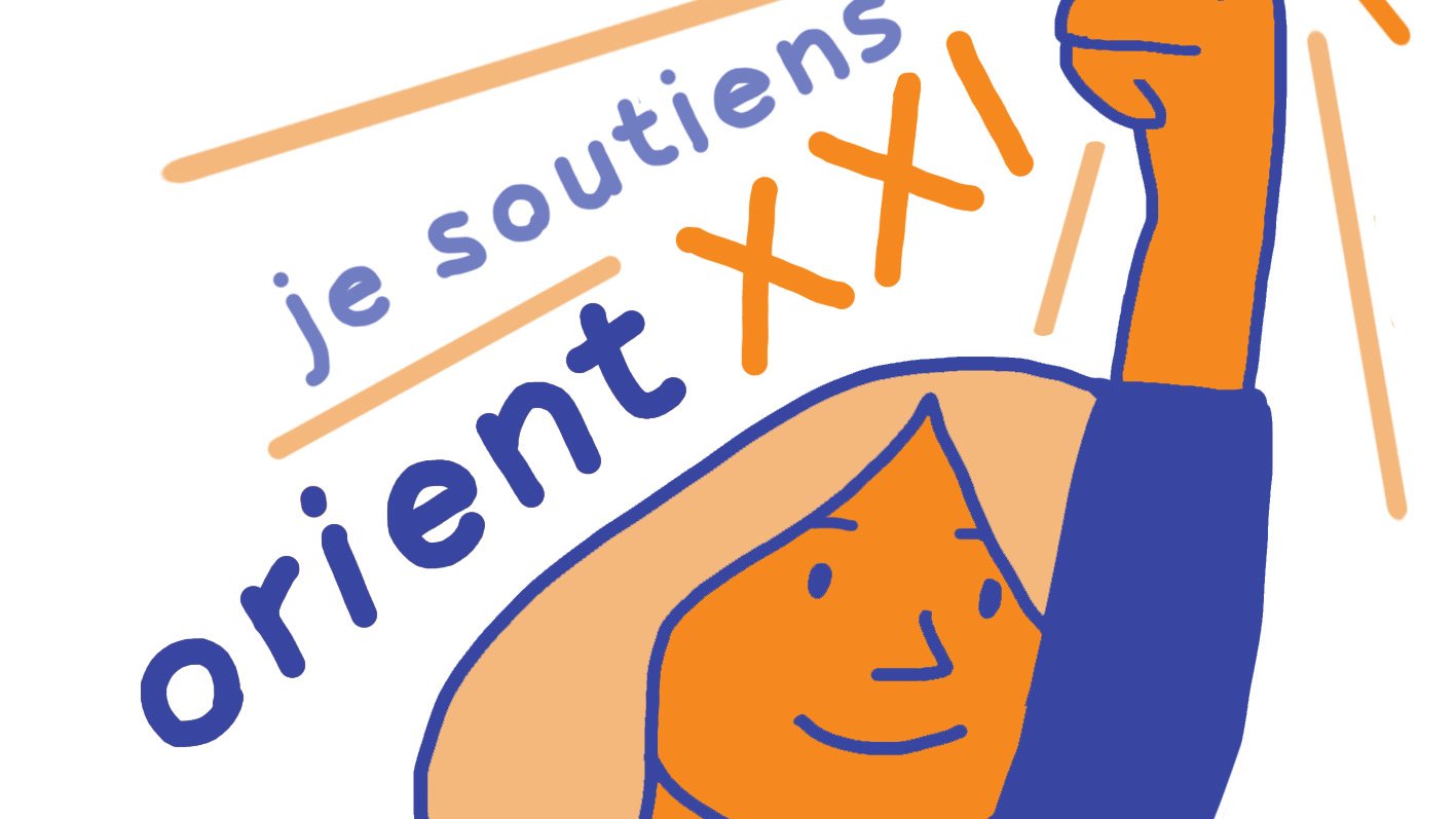 The image features a stylized illustration of a person with a light skin tone and light-colored hair, raising a hand with a coin. The person has a smiling expression and appears to be celebrating or making a gesture of support. The text "je soutiens" (French for "I support") is written above in bold letters, along with "orient XXI," indicating support for that entity or initiative. The overall color palette includes shades of blue, orange, and white, creating a vibrant and positive vibe. The design conveys a sense of empowerment and encouragement.
