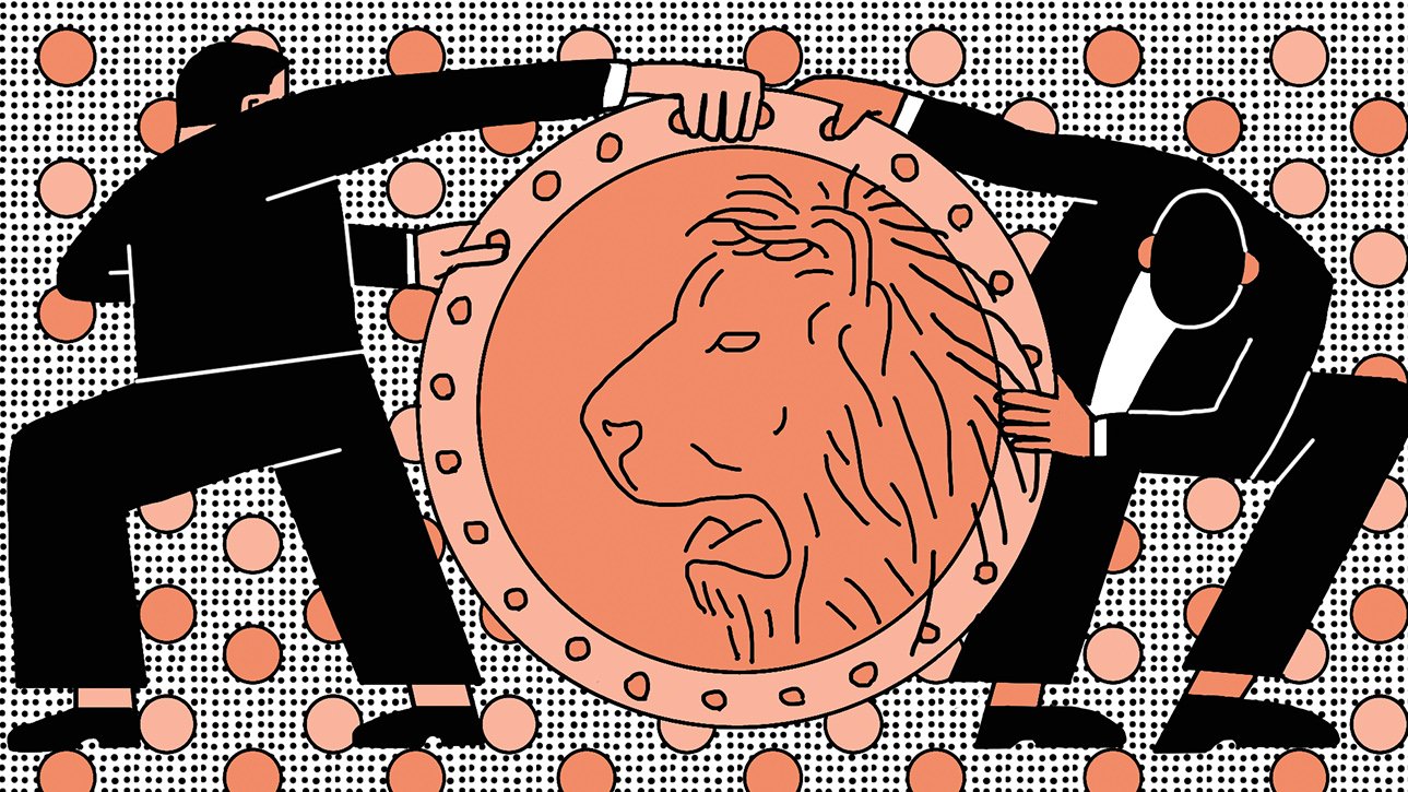 The image features two abstract figures, each gripping an ornate shield that displays a lion's head. The background is dotted with circles in a pattern, adding a sense of dynamism. The figures, dressed in suits, appear to be engaged in a struggle or cooperative effort over the shield, which may symbolize strength or protection. The overall illustration uses a graphic style with bold lines and a limited color palette of earthy tones and black, creating a striking visual impact.
