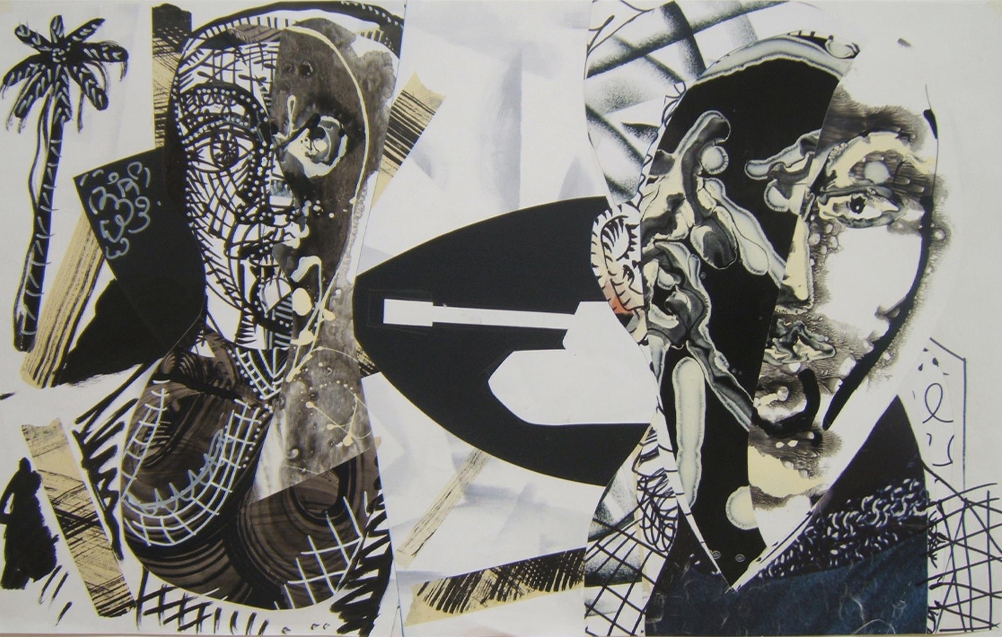 The image appears to be an abstract artwork featuring two stylized human figures on either side. The figures are composed of various patterns and textures, including grid-like designs and layered shapes. The color palette is primarily monochromatic with shades of black, white, and gray, along with some earthy tones. In the background, there are hints of nature, such as a palm tree silhouette, which contrasts with the geometric and abstract elements of the figures, suggesting a juxtaposition between the organic and the fabricated. Overall, the composition conveys a sense of complexity and thought-provoking imagery, inviting viewers to interpret its meaning.