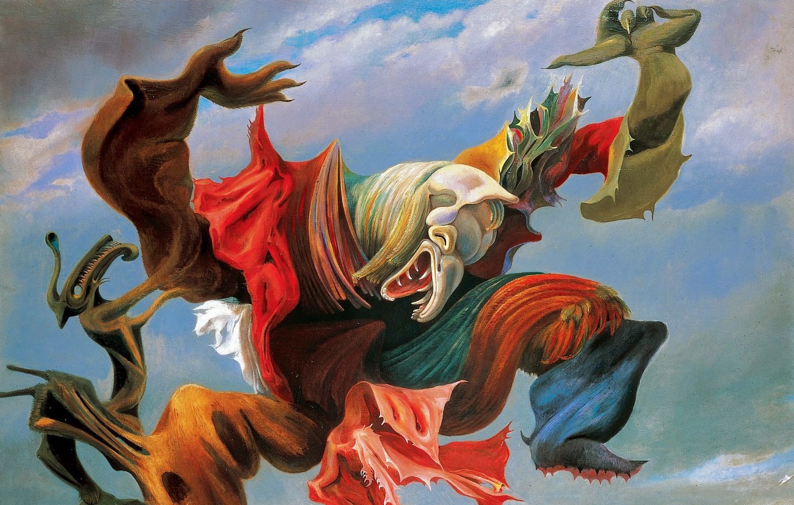 The image depicts an abstract, surrealist painting featuring a dynamic figure with exaggerated and distorted features. This figure appears to be in motion, possibly dancing or running, with flowing garments that blend into the surrounding landscape. The colors are vibrant, with a mix of earthy tones and bold reds, creating a sense of drama. In the background, there are hints of a sky and horizon that ground the scene, while the figure itself evokes a sense of emotional intensity and chaos. The overall composition combines elements of the bizarre and fantastical, characteristic of surrealism.