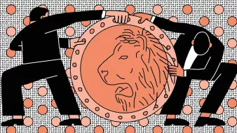 The image features two abstract figures, each gripping an ornate shield that displays a lion's head. The background is dotted with circles in a pattern, adding a sense of dynamism. The figures, dressed in suits, appear to be engaged in a struggle or cooperative effort over the shield, which may symbolize strength or protection. The overall illustration uses a graphic style with bold lines and a limited color palette of earthy tones and black, creating a striking visual impact.