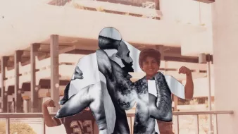 The image features a layered composition where a photograph of an adult man is superimposed over a scene with two children. The man is depicted flexing his muscles, highlighting a strong, defined physique. The background shows a modern building, hinting at an urban setting. The children, positioned behind the man, also appear to be posing, mimicking a strong stance. The overall tone of the image combines elements of strength and playfulness, merging different subjects to create a unique artistic representation.