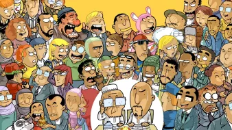 The image features a vibrant and colorful crowd of cartoon characters, each with unique expressions and appearances. The setting has a cheerful yellow background, which emphasizes the lively atmosphere. In the center, two characters are seated at a table, likely sharing a meal, surrounded by a diverse group that includes laughter, joy, and various emotions. The characters represent a mix of different styles and features, showcasing a range of hairstyles, clothing, and facial expressions, contributing to a sense of dynamism and humor in the scene.