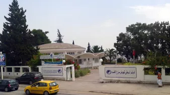 The image depicts a modern building with a dome-shaped roof, likely serving as a public institution or center. The architecture features a combination of curved and angular elements, with large windows that allow natural light inside. Surrounding the building are trees and greenery, contributing to a pleasant atmosphere. In front of the building, there are vehicles parked, including a yellow taxi, indicating it is situated near a road. There are also banners displaying text, possibly providing information about the institution. A flag can be seen on a pole, suggesting this might be a governmental or community facility. Overall, the scene conveys a sense of public service in a well-maintained environment.