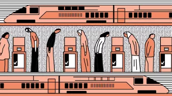 The image depicts a series of figures standing in line, perhaps at a train station. They are shown bending forward, suggesting a sense of fatigue or defeat. The background features stylized train designs, contributing to the transport theme. The color palette is primarily orange and black, with a minimalist, illustrative style. The overall mood seems to convey a sense of routine or the daily grind associated with commuting.