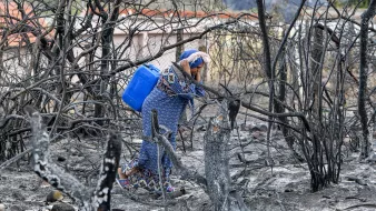 The image depicts a woman wearing a patterned dress and headscarf, walking through a landscape that has been ravaged by fire. The ground is charred and blackened, with the remnants of burned trees and vegetation surrounding her. She is carrying a blue container, possibly for water, as she navigates through the bleak, desolate environment. The backdrop includes hints of buildings, suggesting that this area has been impacted by a wildfire. The scene conveys a sense of loss and resilience amidst the devastation.