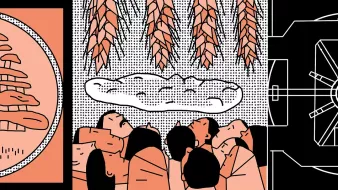 The image features an illustration that appears to be a collage of various elements. On the left, there is a round, patterned design that resembles a decorative emblem or decorative pattern. In the center, a group of people are depicted looking upwards, possibly in awe or contemplation. Above them, there's a cloud-like shape, which adds to the sense of looking up. On the right side, there's a geometric design or schematic, possibly representing a technical or industrial element. The overall color scheme includes shades of peach and black, creating a striking contrast and a modern feel.