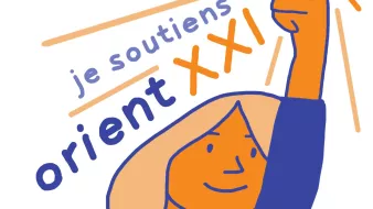 The image features a stylized illustration of a person with a light skin tone and light-colored hair, raising a hand with a coin. The person has a smiling expression and appears to be celebrating or making a gesture of support. The text "je soutiens" (French for "I support") is written above in bold letters, along with "orient XXI," indicating support for that entity or initiative. The overall color palette includes shades of blue, orange, and white, creating a vibrant and positive vibe. The design conveys a sense of empowerment and encouragement.