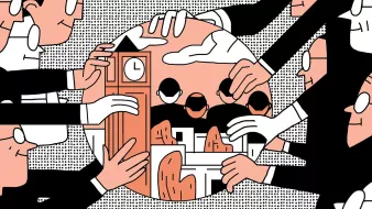 The image features a stylized illustration of several hands reaching towards a central circular scene. In this scene, there's a prominent clock tower, reminiscent of Big Ben, along with abstract representations of people and buildings. The overall color palette includes shades of peach, black, and white, giving it a clean and modern look. The hands are depicted in various positions, suggesting collaboration or a collective effort surrounding the central image. The background features a dotted pattern, adding texture to the composition.