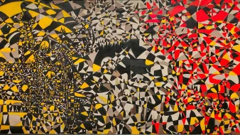 The image depicts an abstract painting characterized by bold geometric shapes and vibrant colors. The left side features a chaotic arrangement of black, yellow, and gray shapes, creating a sense of density and complexity. In contrast, the right side showcases a more energetic composition with dominant red and black hues intermixed with white and yellow shapes. The overall effect is dynamic and visually stimulating, drawing the viewer's attention across the contrasting halves of the artwork.