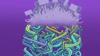 The image features a vibrant and colorful design with abstract, flowing shapes resembling Arabic calligraphy. These shapes are intertwined and layered in various hues, particularly in shades of blue, green, and hints of other colors. Above the calligraphy, there is an explosion-like silhouette of a crowd holding up signs against a purple background, suggesting a sense of movement or celebration. The overall composition conveys a dynamic and energetic atmosphere.