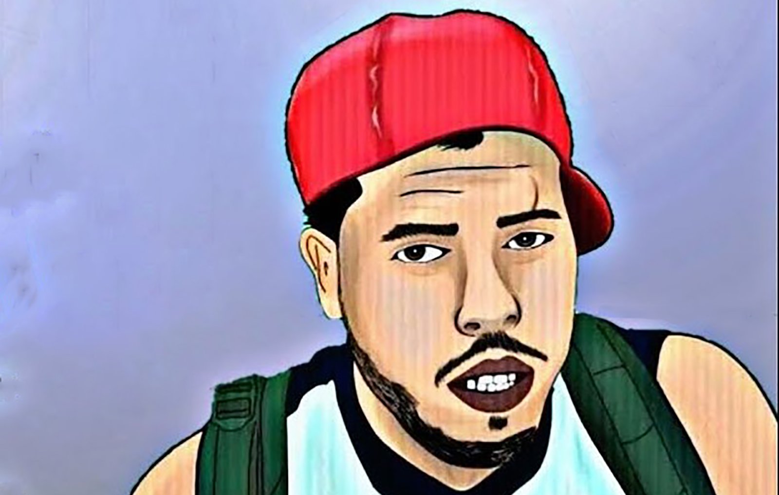 La imagen muestra a un joven con una gorra roja, usando una camiseta sin mangas. Tiene barba y una expresión seria. Lleva una mochila en la espalda y está posando frente a un fondo difuso. El estilo de la imagen parece ser una ilustración o un retrato digital, con colores y contornos marcados.