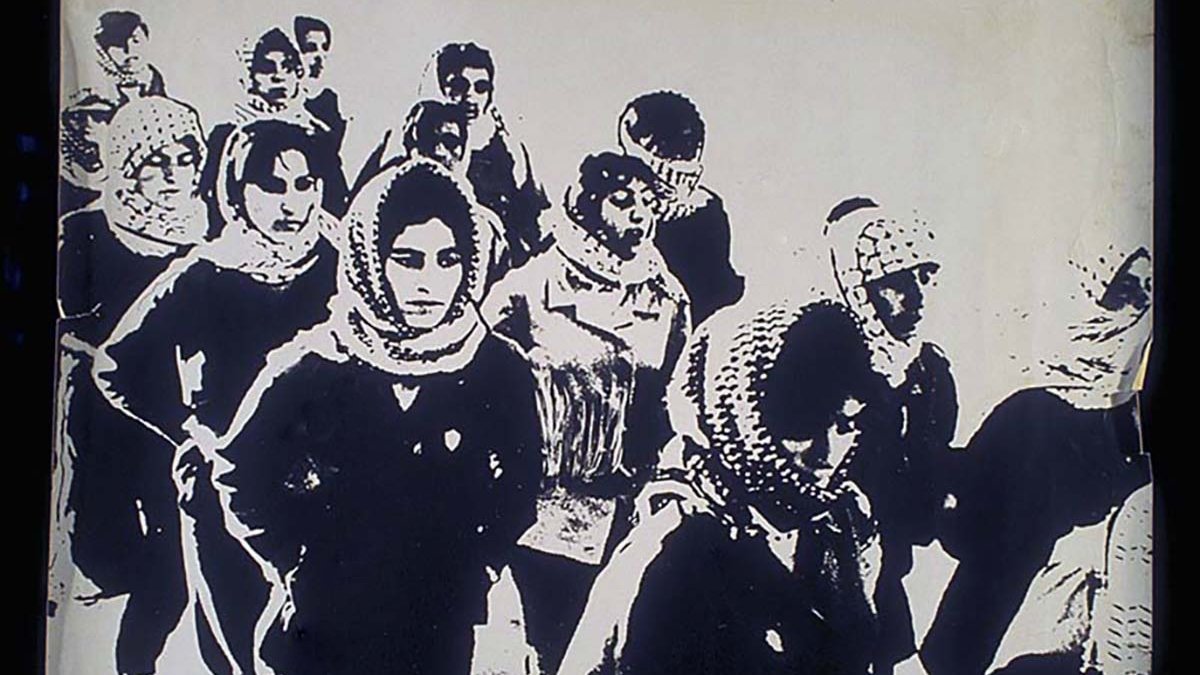 The image appears to be a black-and-white depiction of a group of people walking. They are wearing headscarves, and their expressions convey a sense of determination or seriousness. The scene is likely conveying a historical or social context, emphasizing themes of struggle or protest. The artistic style gives it a dramatic and powerful feel, highlighting the figures against a lighter background.
