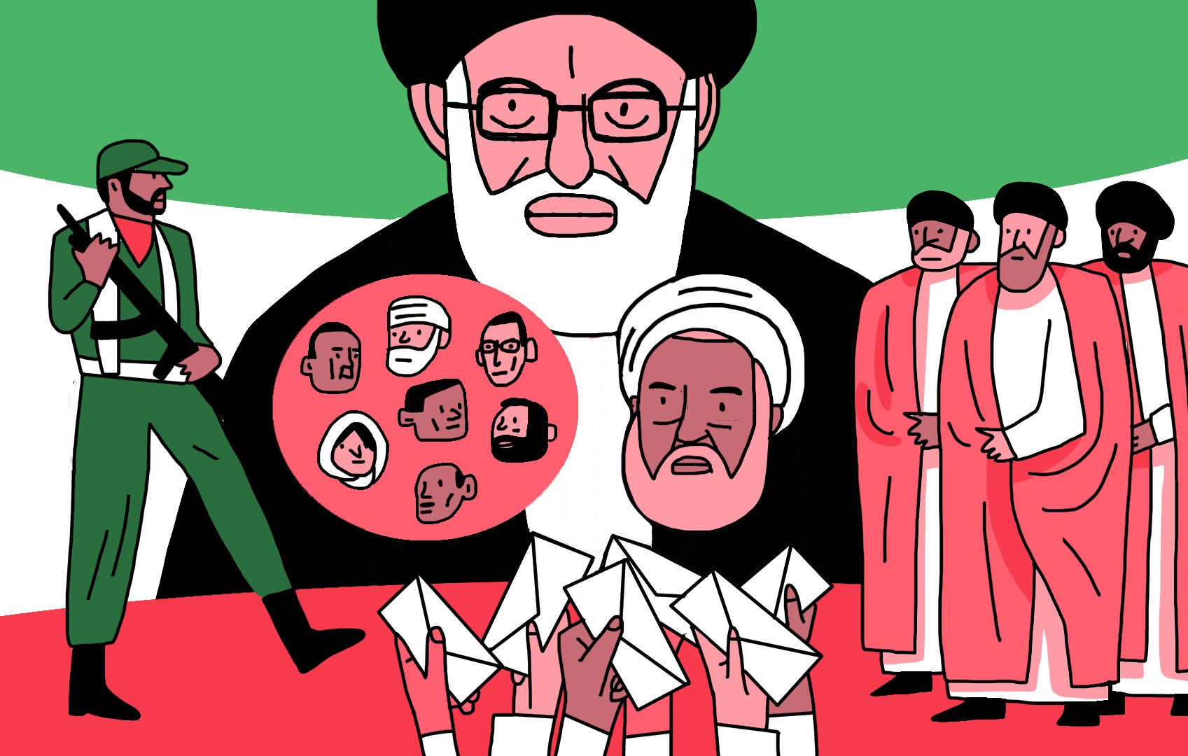 La imagen presenta una ilustración con varios elementos simbólicos. En el centro, se destaca una figura que parece ser un líder religioso, con barba y gafas, rodeado de un fondo que incluye los colores verde y blanco, que podrían representar la bandera de Irán. A su lado, hay un soldado armando, lo que sugiere un contexto militar o de defensa. En la parte inferior, se muestran varias cartas o sobres, que podrían simbolizar elecciones o comunicaciones. Además, hay un grupo de personajes estilizados, que podrían representar a diferentes sectores de la sociedad o a personas afectadas por un conflicto. La imagen transmite una sensación de tensión política y social.