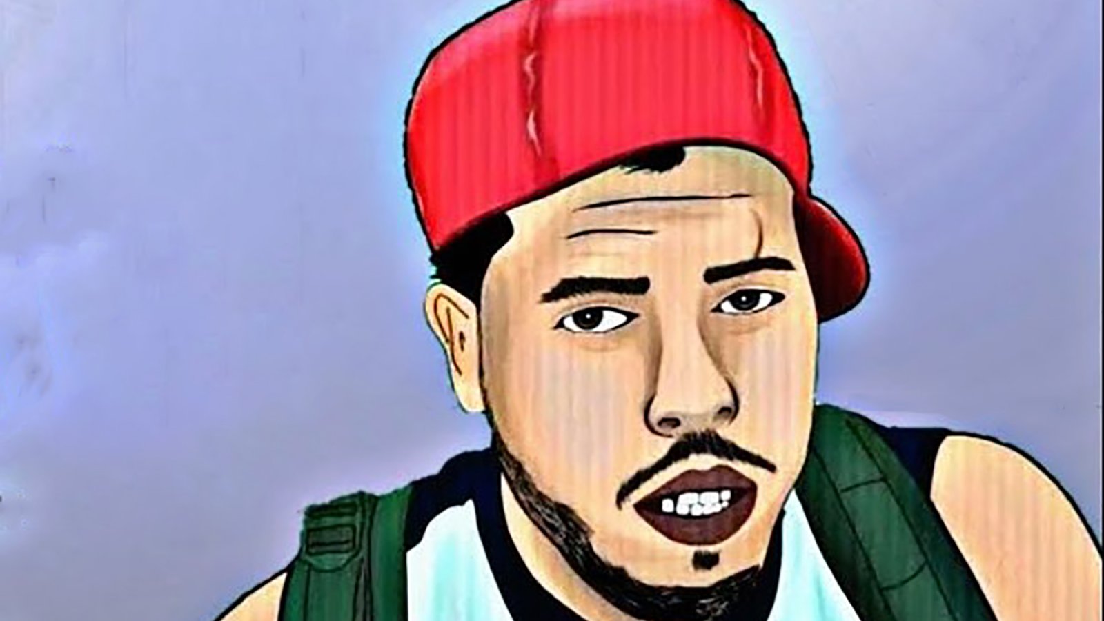 La imagen muestra a un joven con una gorra roja, usando una camiseta sin mangas. Tiene barba y una expresión seria. Lleva una mochila en la espalda y está posando frente a un fondo difuso. El estilo de la imagen parece ser una ilustración o un retrato digital, con colores y contornos marcados.