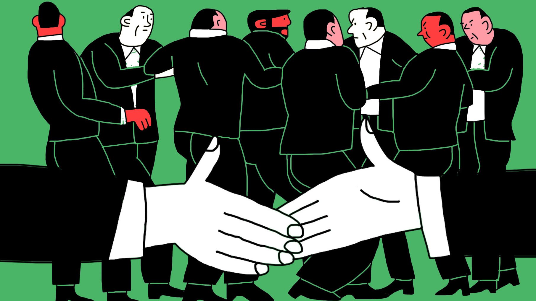 La imagen muestra a un grupo de hombres vestidos con trajes formando un círculo o grupo en un fondo verde. Al frente, hay un par de manos blancas extendidas en un gesto de apretón de manos. Los hombres parecen estar en una conversación o interacción entre ellos, mientras que las manos del primer plano indican un acuerdo o un saludo. El estilo de la ilustración es gráfico y simplificado, con líneas claras y un uso de colores contrastantes.