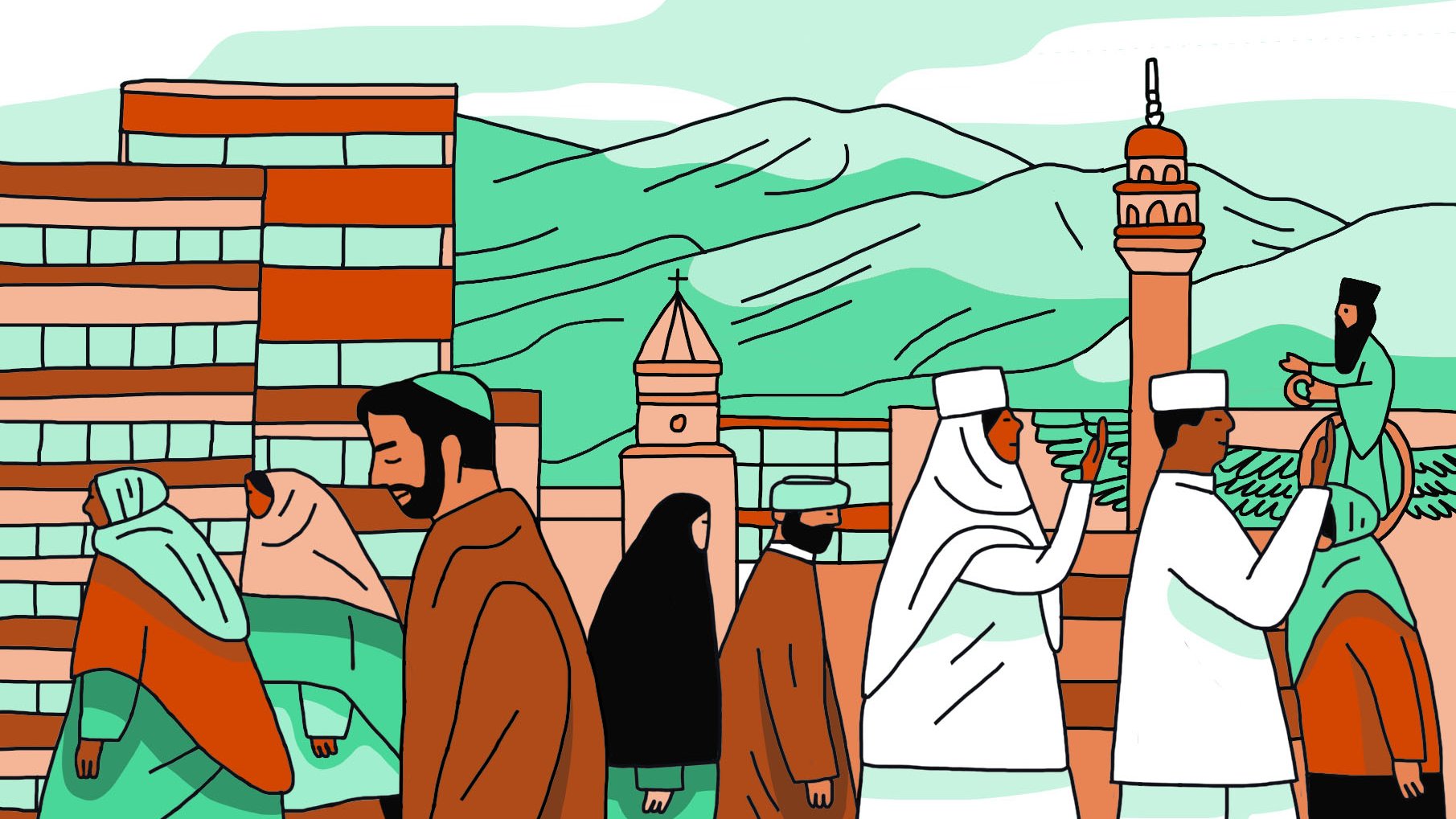 La imagen muestra una escena diversa y colorida de personas caminando en un entorno urbano. Hay montañas al fondo y diferentes edificios, incluyendo una mezquita y una iglesia, que sugieren una mezcla cultural. Las personas en la imagen visten ropas tradicionales de varias culturas, y parece haber un ambiente de convivencia entre diferentes comunidades. Las líneas son simples y los colores son suaves, dando una sensación de calidez y diversidad.