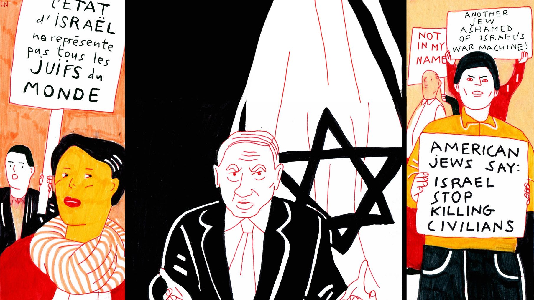 La imagen muestra un ambiente de protestas con varias personas holding carteles. En el lado izquierdo, hay una mujer sosteniendo un cartel que dice algo sobre Israel y los judíos del mundo. En el centro, se representa a una figura masculina que parece ser Netanyahu, rodeado de un fondo con el símbolo de la Estrella de David. A la derecha, hay otra persona con un cartel que expresa una declaración sobre judíos americanos y un llamado a detener el asesinato de civiles en Israel. La estética es colorida y gráfica, con un estilo de ilustración simplificado.