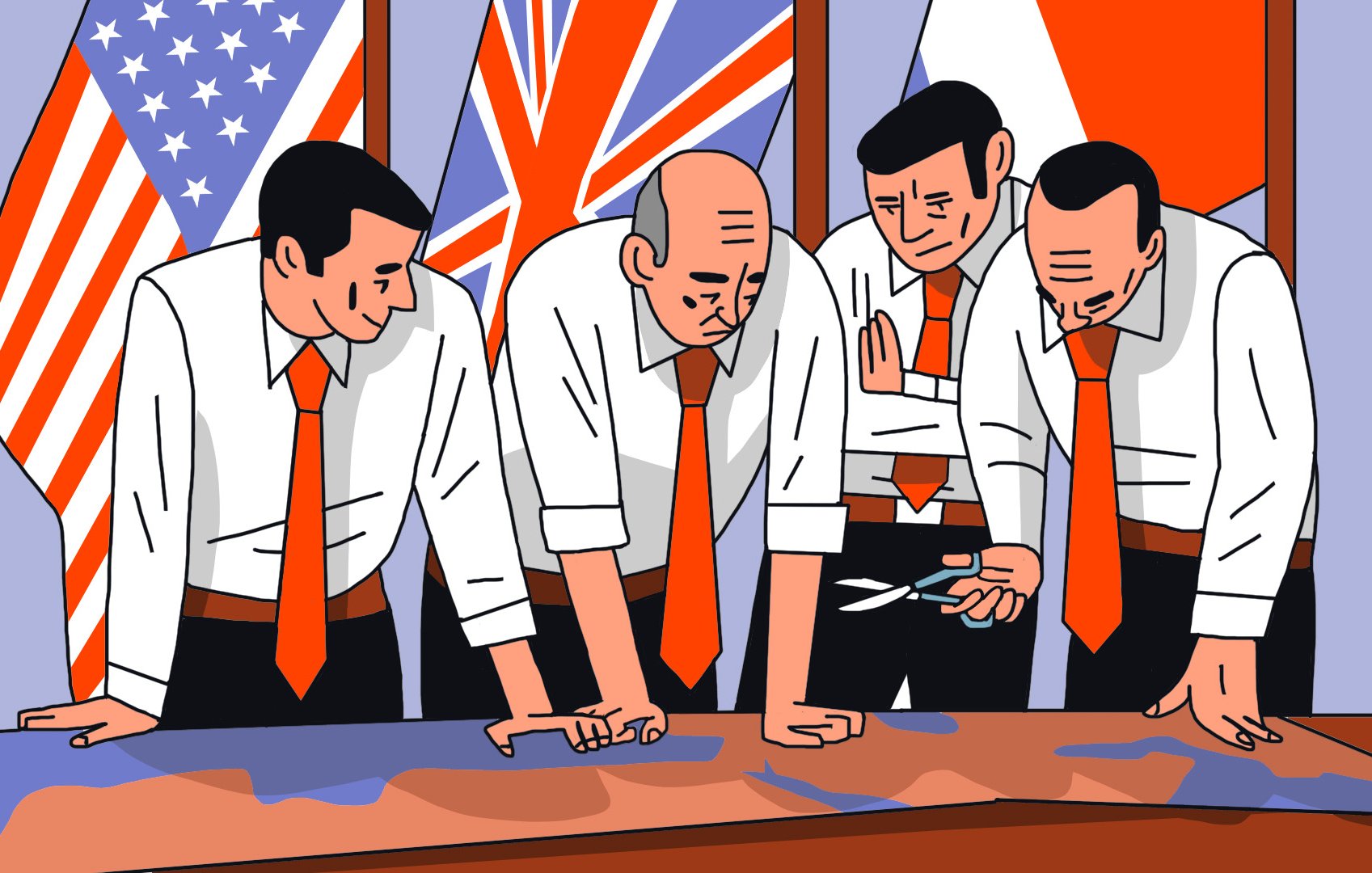 La imagen muestra a cuatro hombres de pie alrededor de una mesa, mirando atentamente un mapa. Todos llevan camisas blancas y corbatas anaranjadas. Detrás de ellos hay tres banderas: la de Estados Unidos, la del Reino Unido y la de Francia. Los hombres parecen estar en una reunión estratégica, discutiendo un plan o analizando información. La expresión en sus rostros transmite concentración y seriedad.