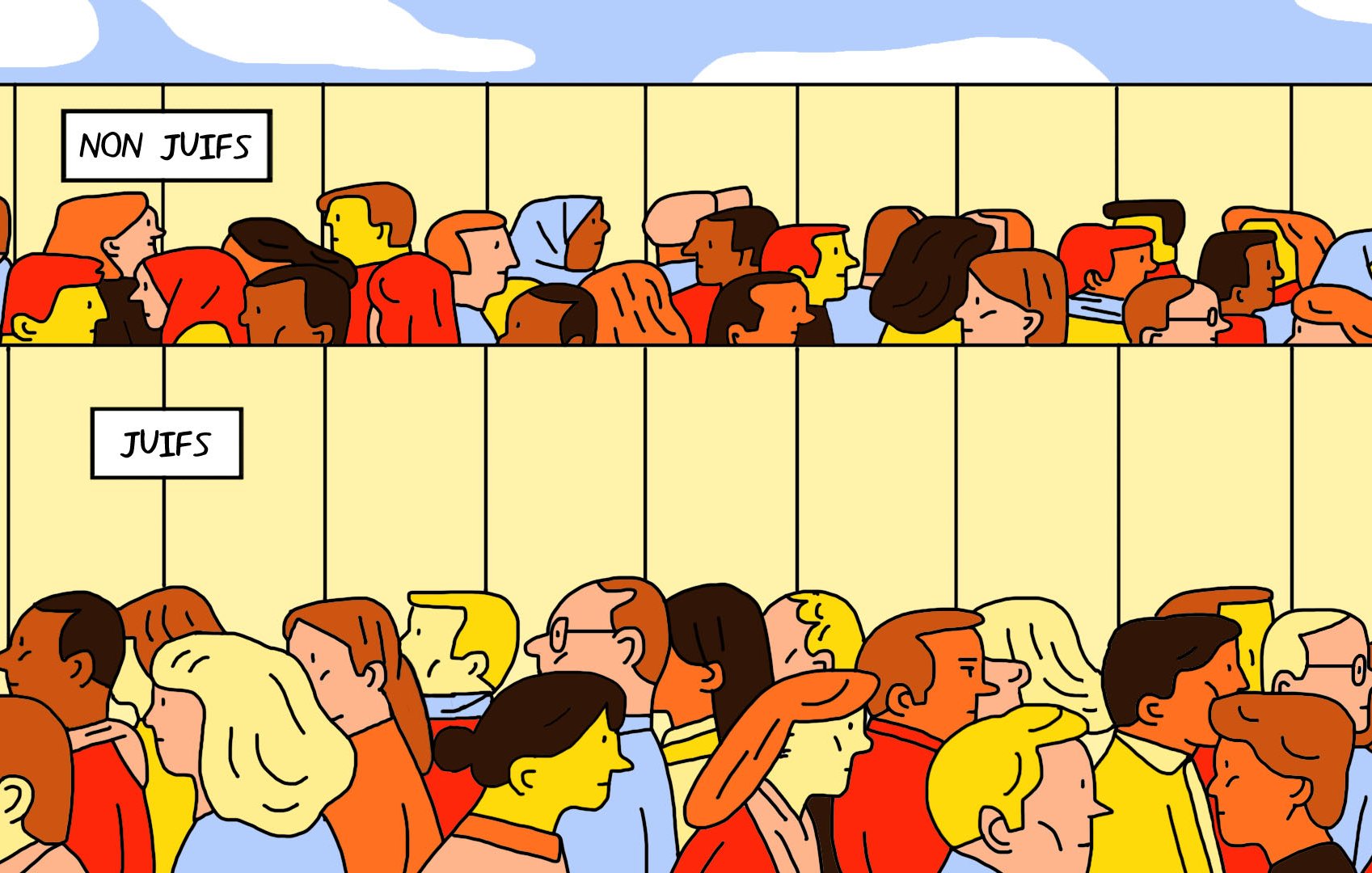 La imagen muestra dos secciones de una multitud. En la parte superior, hay una etiqueta que dice "NON JUIFS" (no judíos) y en la parte inferior dice "JUIFS" (judíos). Cada sección presenta un grupo diverso de personas con diferentes características físicas, y están organizadas en columnas, lo que da la idea de separación entre los dos grupos. El estilo de la ilustración es colorido y caricaturesco.