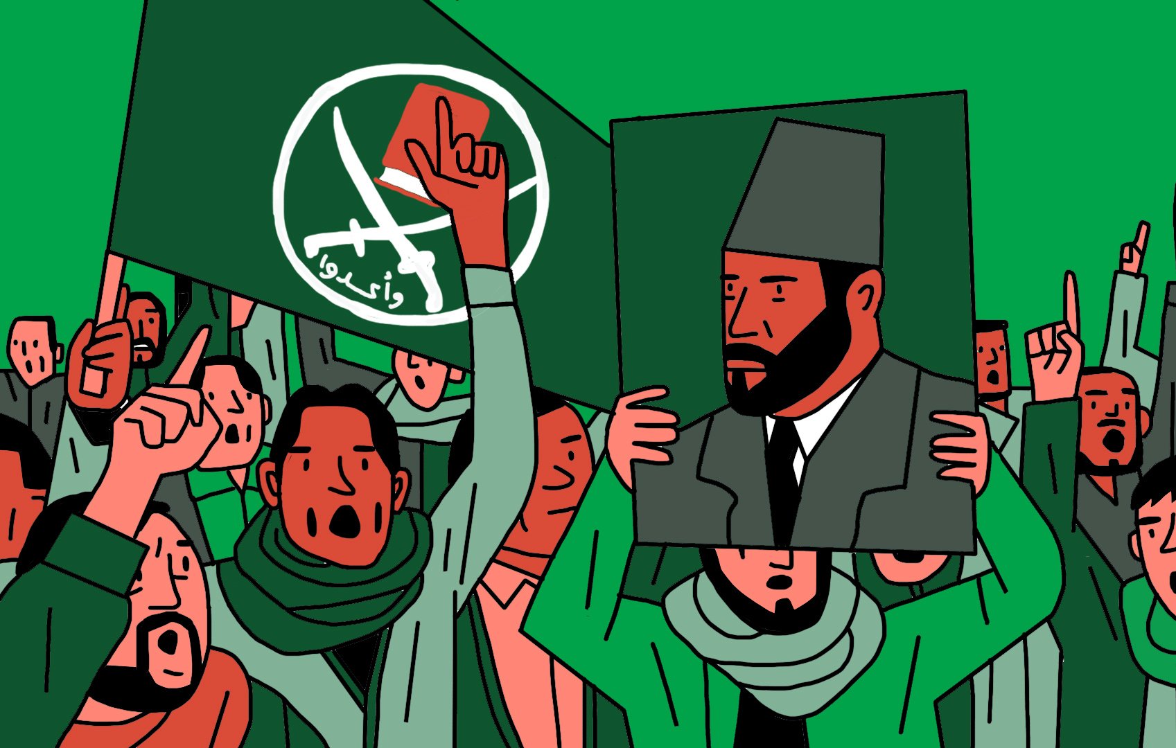 La imagen muestra a un grupo de personas reunidas, sosteniendo banderas y carteles. En el centro, hay un hombre que sostiene un retrato de otra persona, posiblemente un líder. La mayoría de las personas parecen estar animadas, levantando los brazos en señal de apoyo. La escena está marcada por colores predominantes en verde, con símbolos que podrían estar relacionados con un movimiento o ideología específica. La atmósfera refleja un sentimiento de protesta o celebración.