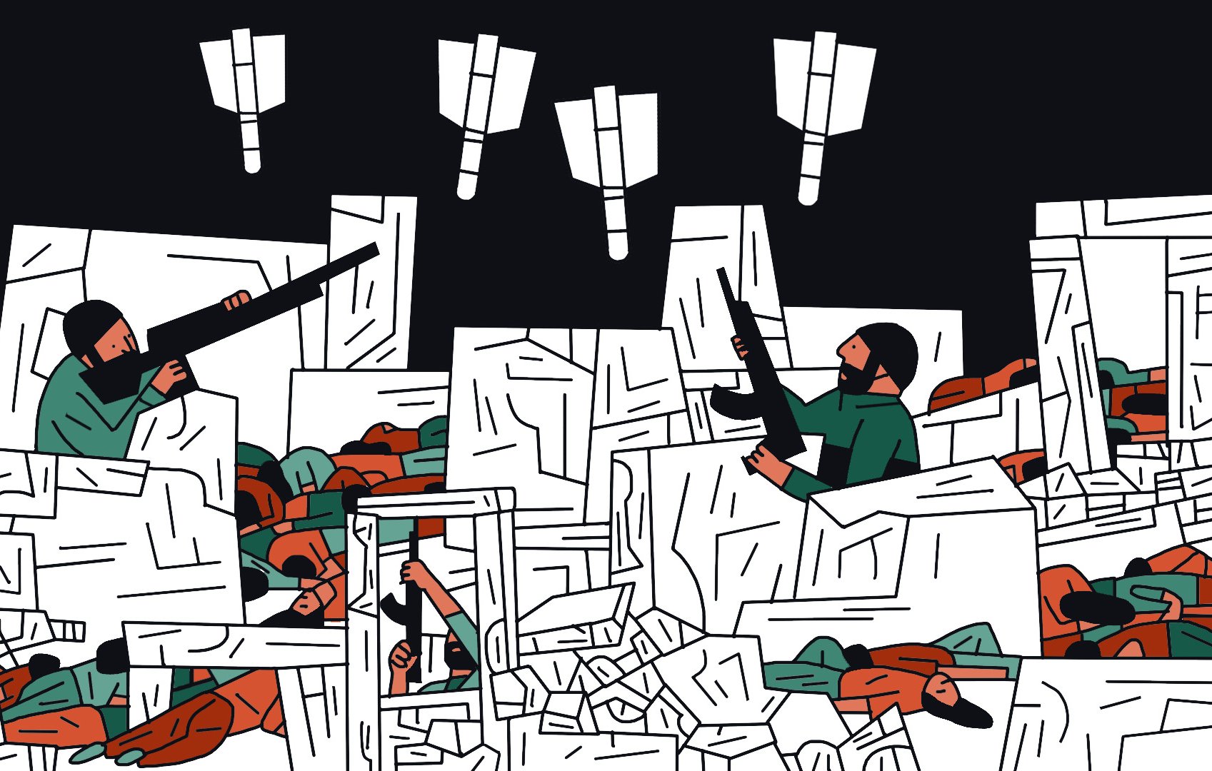 La imagen muestra una escena caótica de lo que parece ser un conflicto o una batalla. Hay figuras humanas que se encuentran entre escombros y ruinas, algunas de ellas sosteniendo armas. Varias personas parecen estar luchando mientras otras están en el suelo. En la parte superior, se pueden ver proyectiles o misiles cayendo, lo que aumenta la sensación de tensión y desorden. El estilo artístico es gráfico y simplificado, utilizando una paleta de colores limitada con tonos oscuros y algunas áreas en colores más brillantes.