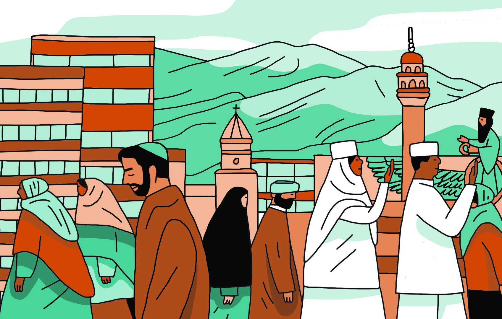 La imagen muestra una escena diversa y colorida de personas caminando en un entorno urbano. Hay montañas al fondo y diferentes edificios, incluyendo una mezquita y una iglesia, que sugieren una mezcla cultural. Las personas en la imagen visten ropas tradicionales de varias culturas, y parece haber un ambiente de convivencia entre diferentes comunidades. Las líneas son simples y los colores son suaves, dando una sensación de calidez y diversidad.