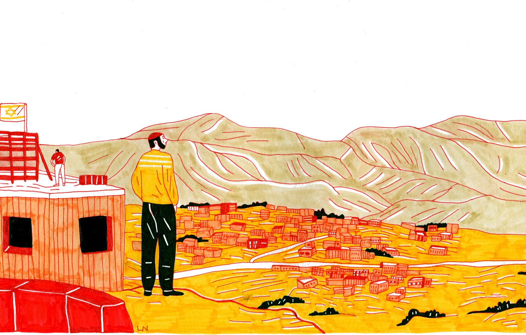 La imagen muestra a un hombre de pie, mirando hacia un paisaje montañoso. Está situado en una especie de mirador o plataforma, desde donde puede observar una ciudad construida en un terreno con colinas. El cielo es claro, y el entorno está predominado por tonalidades cálidas de amarillo y naranja. La figura del hombre, que viste una chaqueta amarilla con rayas negras y tiene una postura contemplativa, sugiere una sensación de reflexión o conexión con el paisaje. A su lado, hay un pequeño objeto que parece ser un símbolo o una bandera.