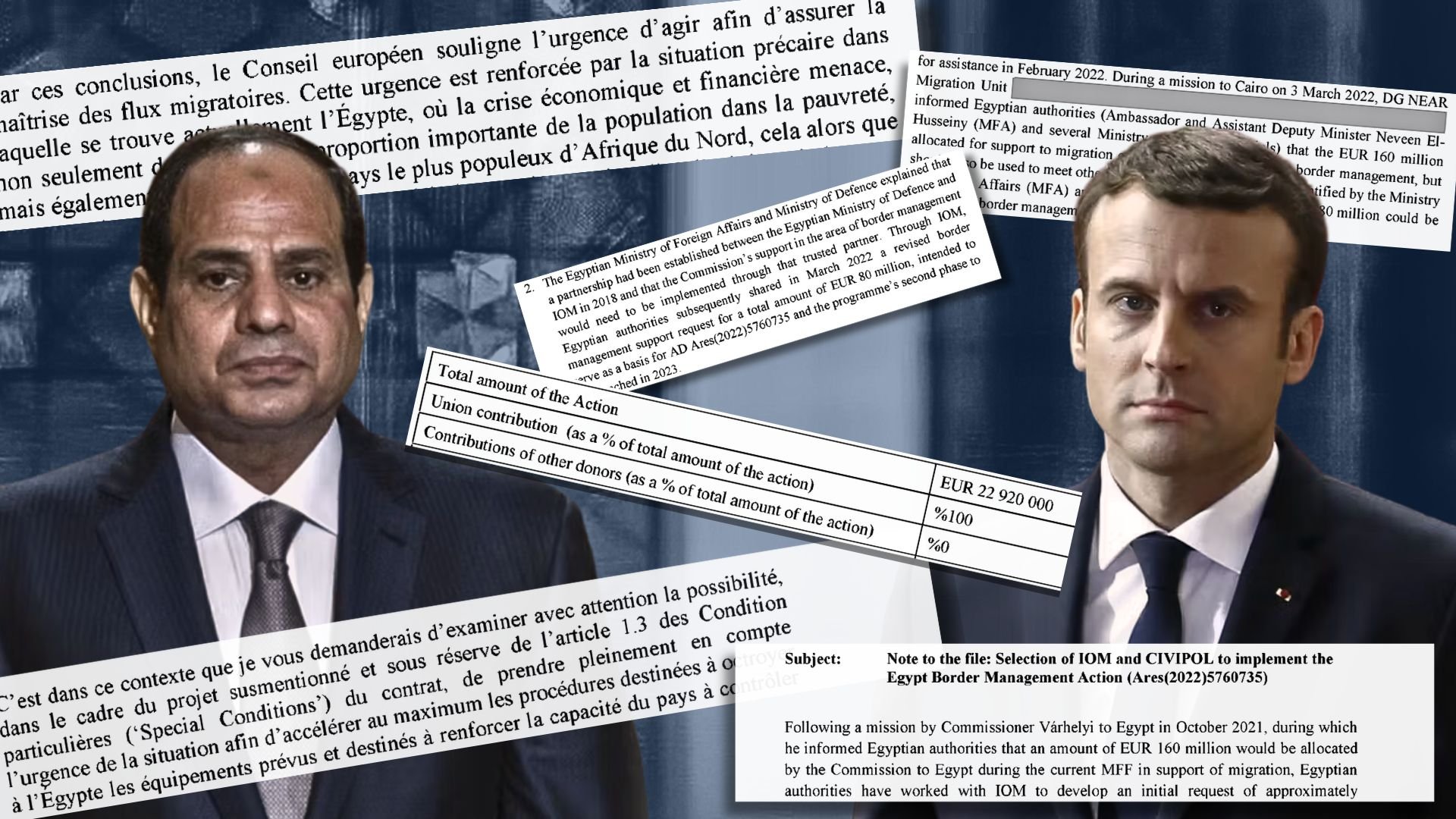 La imagen parece consistir en un collage que incluye fotografías de dos líderes políticos: uno de ellos es un hombre con un traje oscuro y una corbata que probablemente sea un presidente, y el otro también es un hombre con un atuendo formal. Además, hay documentos o textos superpuestos que contienen información, números y referencias a acuerdos o acciones relacionados con la economía, la migración y la gestión de fronteras en Egipto. También se mencionan diferentes montos de dinero en euros, lo que sugiere un enfoque en la financiación o el apoyo financiero entre los países involucrados. El fondo de la imagen incluye textos en francés y posiblemente en inglés, lo que indica una colaboración o un diálogo internacional.
