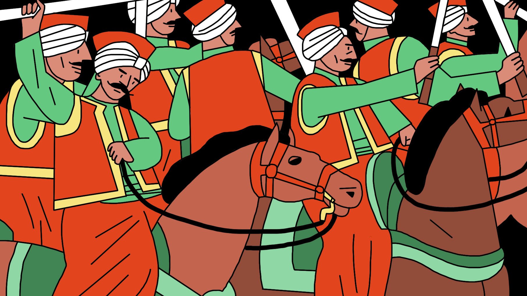 La imagen muestra a un grupo de jinetes con vestimenta tradicional, principalmente en tonos naranjas y verdes. Están montando caballos y parecen llevar estandartes o lanzas. Los jinetes tienen turbantes en la cabeza y están en una formación que sugiere movimiento, como si estuvieran marchando o participando en una celebración. El fondo es de color negro, lo que hace que los colores de la vestimenta y los caballos resalten.