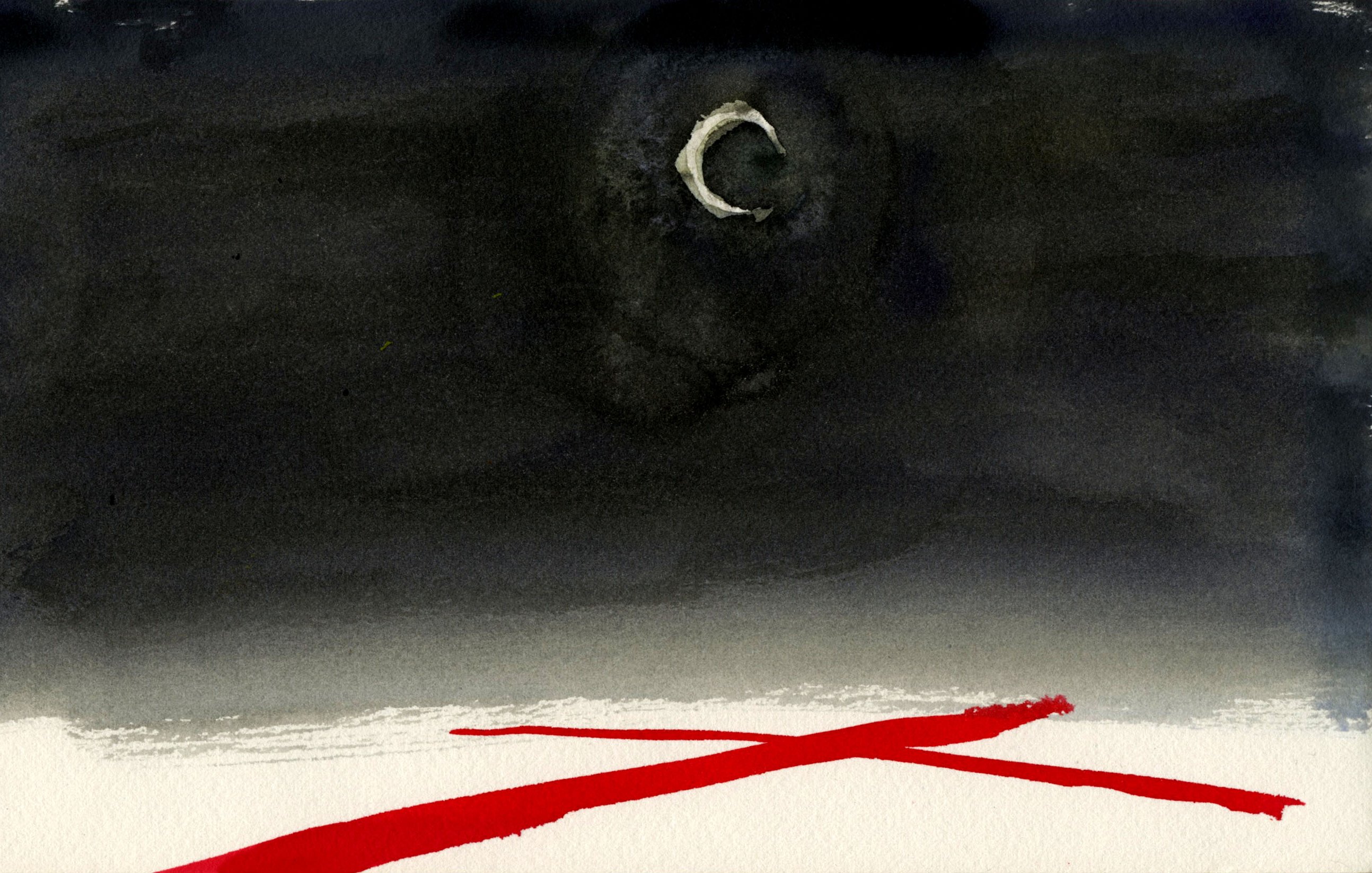 La imagen presenta un paisaje abstracto en tonos oscuros. En la parte superior, hay un cielo casi negro con una luna creciente en un color blanco pálido. Abajo, se observan dos trazos en rojo que cruzan horizontalmente y verticalmente, destacándose sobre un fondo claro, que parece ser una superficie blanca. La combinación de colores y las formas generan una sensación de misterio y drama.