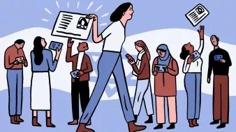 La imagen muestra a un grupo de personas en un fondo de color azul claro. En el centro, hay una mujer alta que sostiene un cartel con una imagen. A su alrededor, varias personas están interactuando con dispositivos móviles y documentos. Algunas parecen estar compartiendo información, mientras que otras levantan las manos, posiblemente para llamar la atención o participar. La escena transmite un ambiente de comunicación y actividad colectiva.