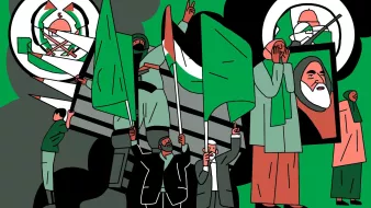 La imagen muestra una representación gráfica con un fondo verde y negro. Varias figuras sostienen banderas verdes, simbolizando unidad y protestas. Entre ellos, hay personas vestidas con ropa tradicional y otras en trajes más formales, lo que sugiere una mezcla de contextos. Detrás, se observa un vehículo militar y símbolos que podrían representar un movimiento o una causa específica. En el extremo derecho, hay una figura que parece estar haciendo un gesto de saludo o apoyo. La composición transmite un fuerte sentido de movilización y reivindicación.