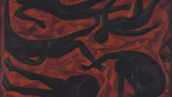 La imagen muestra una composición abstracta en tonos rojos y oscuros. Se pueden observar varias figuras humanas que parecen estar en diferentes posiciones, representando un sentido de movimiento o lucha. Las figuras son de color negro y están dispuestas de manera que contrastan con el fondo vibrante. La textura y las formas geométricas del fondo añaden profundidad y emoción a la obra. La escena transmite una sensación de tensión y dinamismo.