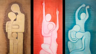 Three abstract figures in soft colors, expressing love, celebration, and movement through intertwined shapes.