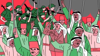 La imagen muestra una multitud de personas sosteniendo palos y armas, con un fondo dramático de llamas y un cielo oscuro. Hay soldados uniformados en la parte superior, mientras que en el centro se pueden ver civiles, algunos con vestimenta tradicional. La escena parece representar una manifestación o un conflicto, con un enfoque en la emoción y la determinación de los participantes. Los colores predominantes son rojos, verdes y tonos claros, lo que añade una atmósfera intensa a la imagen.