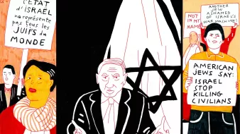 La imagen muestra un ambiente de protestas con varias personas holding carteles. En el lado izquierdo, hay una mujer sosteniendo un cartel que dice algo sobre Israel y los judíos del mundo. En el centro, se representa a una figura masculina que parece ser Netanyahu, rodeado de un fondo con el símbolo de la Estrella de David. A la derecha, hay otra persona con un cartel que expresa una declaración sobre judíos americanos y un llamado a detener el asesinato de civiles en Israel. La estética es colorida y gráfica, con un estilo de ilustración simplificado.