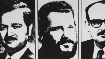 The image features three black-and-white portraits of men, each framed separately.