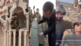 La imagen muestra tres escenas diferentes relacionadas con un contexto militar. En la primera, un hombre con uniforme militar está en un balcón, comunicándose. En la segunda, un grupo de personas observa a un hombre que está firmando un proyectil o artefacto militar. En la última parte, hay una selfie de dos soldados sonrientes, posando con equipo militar en un ambiente que parece estar dañado o en ruinas.