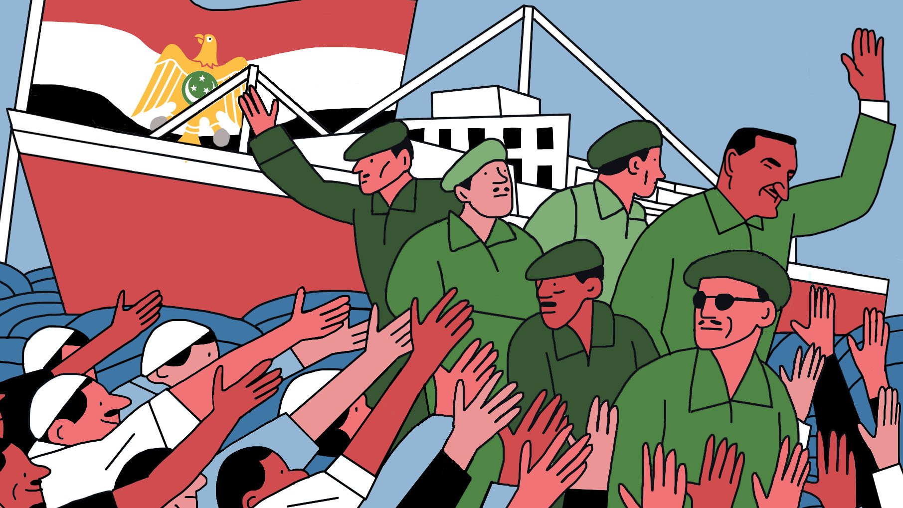 تصویر نشاندهنده یک صحنه تاریخی است که در آن گروهی از نظامیان به سمت جمعیتی برخوردار از لباسهای معمولی و سفید در حال حرکت هستند. نظامیان در Uniform سبز رنگ هستند و در حالی که به سمت جمعیت دست تکان میدهند، نشاندهنده ارتباط نزدیک میان آنها و مردم است. در پشت سر آنها، یک کشتی با پرچم مصر قابل مشاهده است. زمینه تصویر آبی است و حال و هوای جشن یا ابراز خوشحالی را القا میکند.