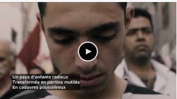 The image appears to depict a serious scene involving individuals in a somber context. It includes text in French that translates to: "A country of radiant children Transformed into mutilated puppets In dusty corpses." This suggests themes of loss, suffering, and possibly the impact of conflict or violence on children and society. The overall tone seems to convey a deep sense of sorrow and critique regarding the situation being referenced.