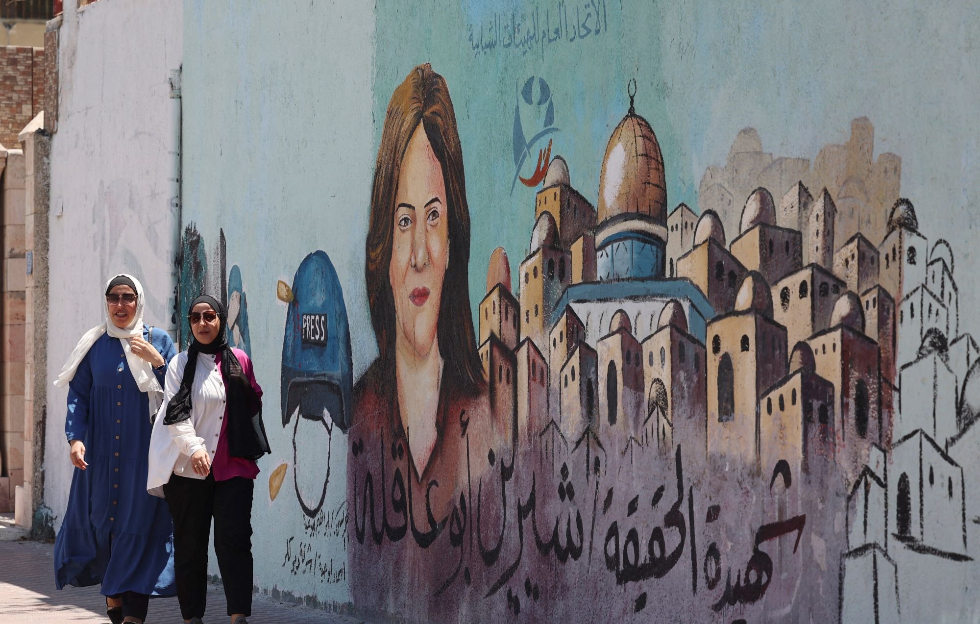 در این تصویر، دو زن در حال پیادهروی در کنار دیواری هستند که روی آن یک نقاشی بزرگ از یک زن به تصویر کشیده شده است. زن نقاشی شده دارای چهرهای جدی و نگاه مستقیمی به بیننده است. او کلاه جلوی سرش را به شکل نمادین به نشانه خبرنگاری به رنگ آبی دارد. در پسزمینه، ساختمانها و کوچهها به صورت هنری و با رنگهای ملایم به تصویر درآمدهاند. همچنین در پایین نقاشی، نوشتهای به عربی دیده میشود که به معنای «حقیقت» است. محیط دور و بر حس زندگی شهری و فرهنگی را منتقل میکند.