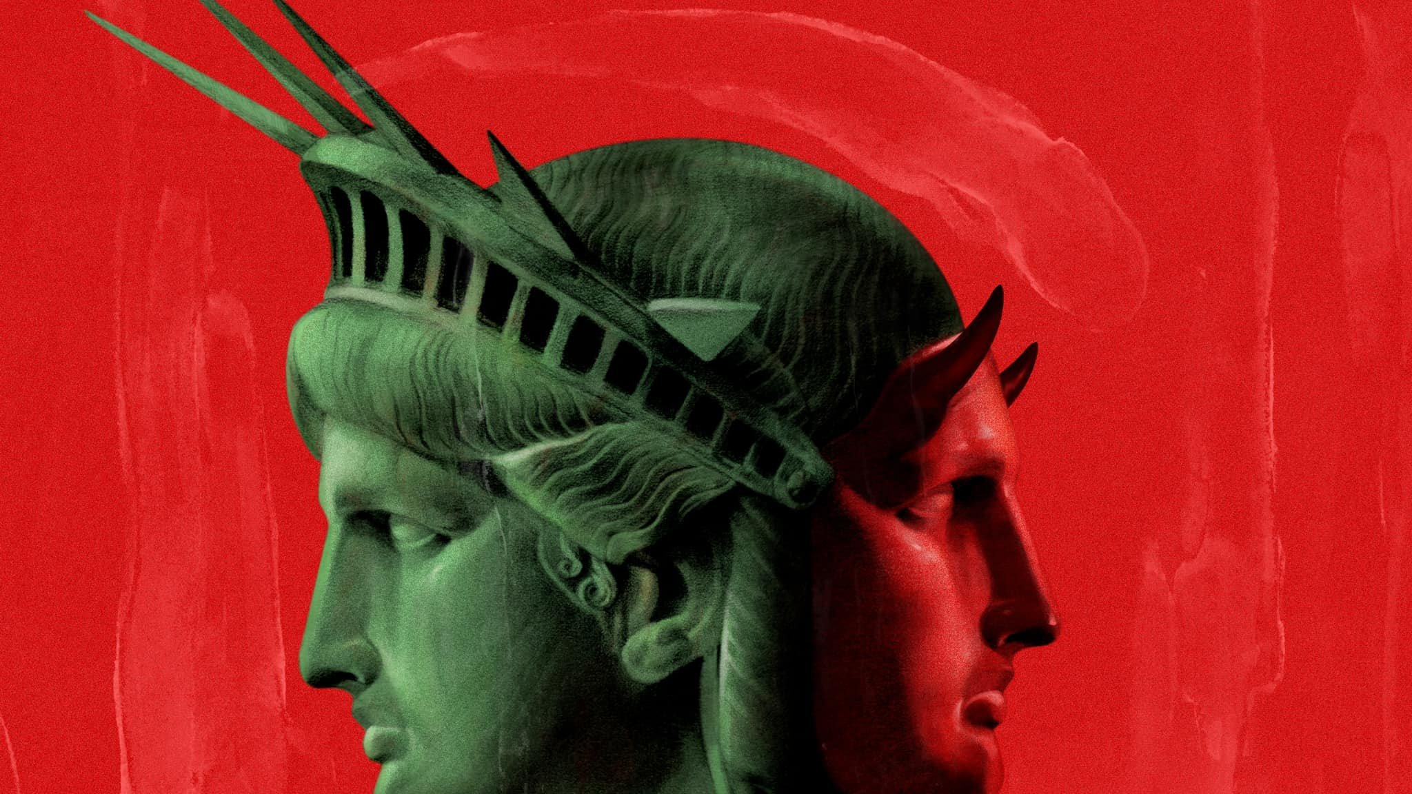 این تصویر نشاندهنده مجسمه آزادی است که به رنگهای سبز و قرمز طراحی شده است. مجسمه به صورت نیمرخ نمایش داده شده و دو نمای مختلف دارد. سمت چپ مجسمه به رنگ سبز است در حالی که سمت راست به رنگ قرمز است. پسزمینه تصویر نیز به رنگ قرمز است و کل ترکیب به طور هنری به نظر میرسد، که حس تضاد و جذابیت بصری را به تصویر میدهد.